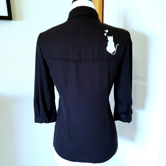 Banned retro cat black button up snowbird blouse - Picture 4 of 6